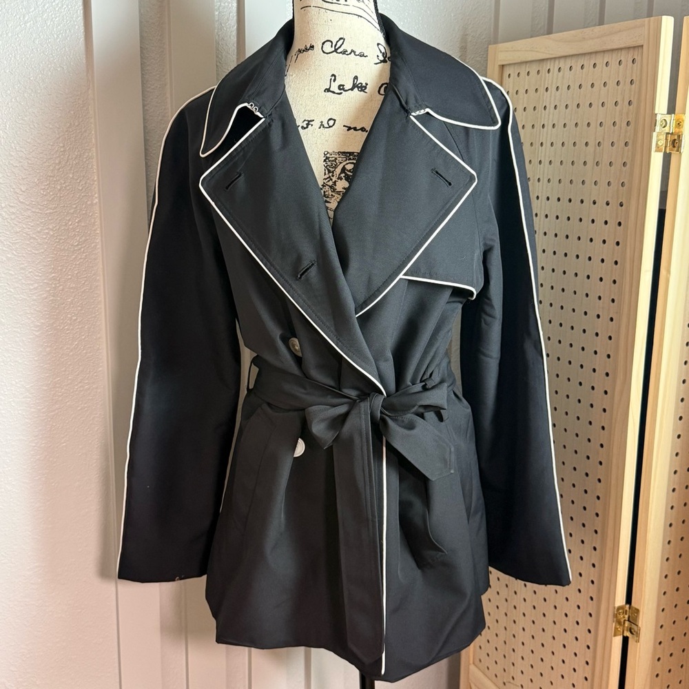 Chaps Ralph Lauren Black Trench Coat White Piping Belted Double Breasted L - Picture 5 of 10